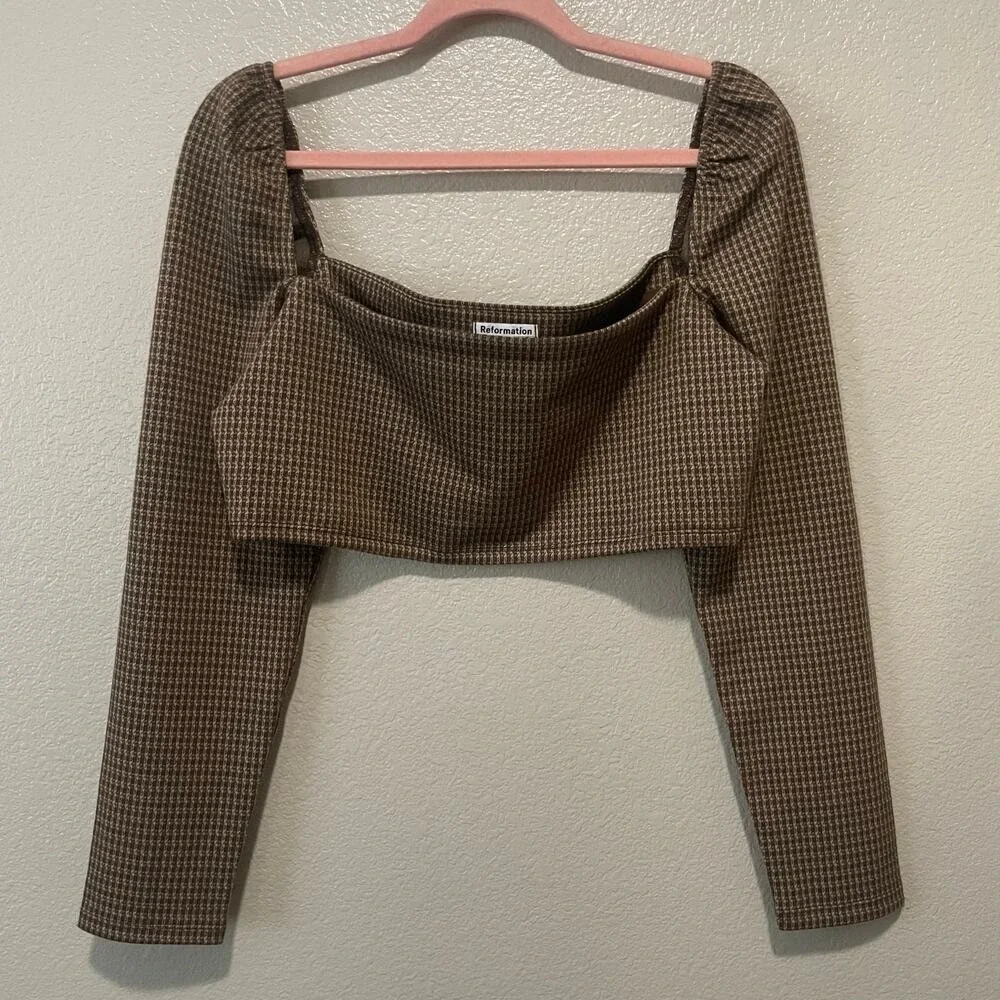 Reformation Top Womens‎ XL Brown Ladue Knit Check Cropped Preppy Quiet Luxury